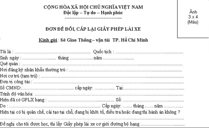 đơn để cấp, đổi bằng lái xe b2